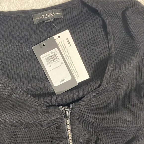 Guess Black Ribbed Rhinestone Zip Cardigan NWT - Picture 2 of 4